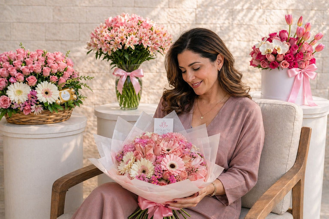 Arreglo de flores para el Día de las Madres con rosas y gerberas en tonos rosa sostenido por mamá feliz en ambiente elegante con fondo neutro, ideal para regalar con entrega a domicilio en Monterrey 