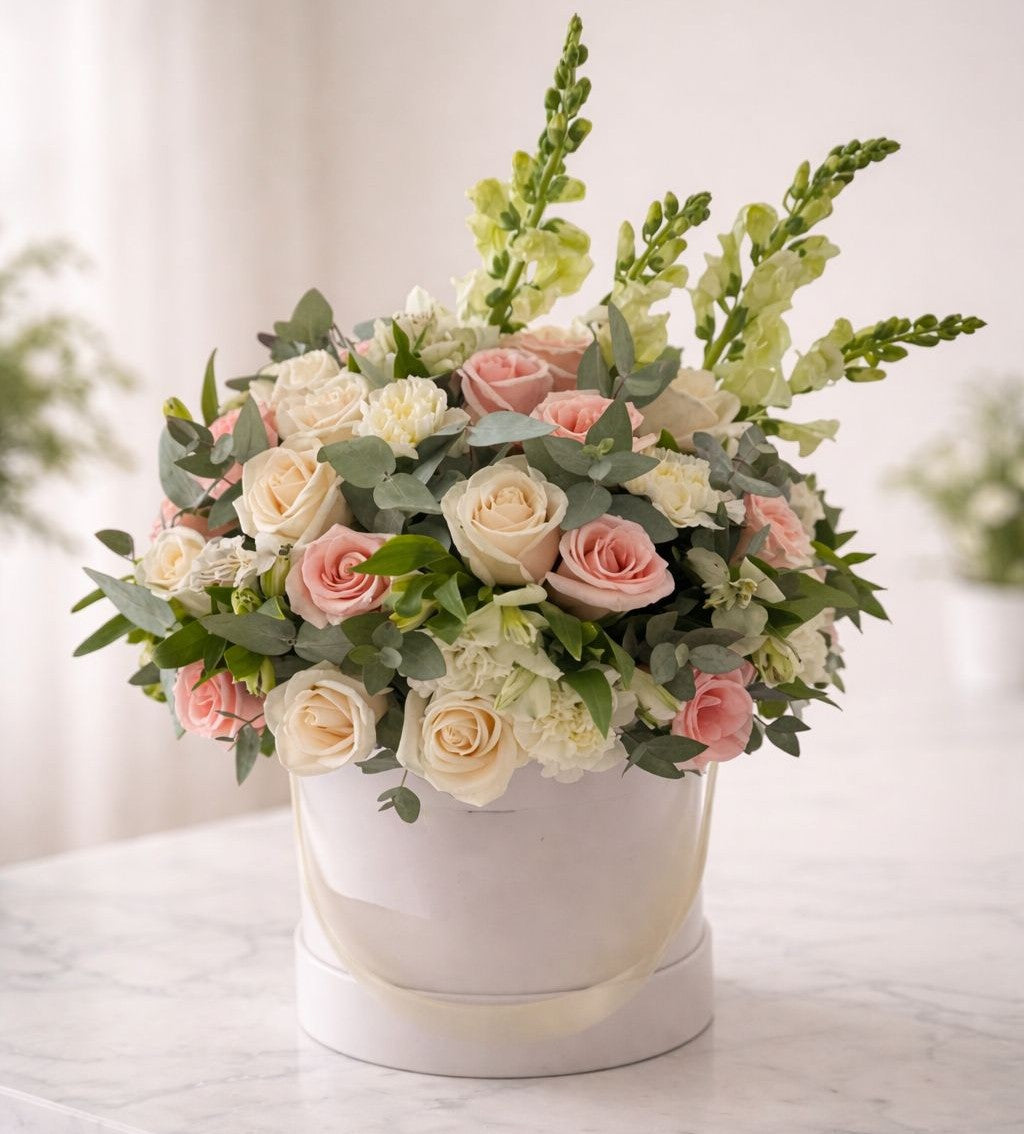 "Arreglo floral premium en caja blanca con rosas ivory y rosas blush, diseño elegante y minimalista"