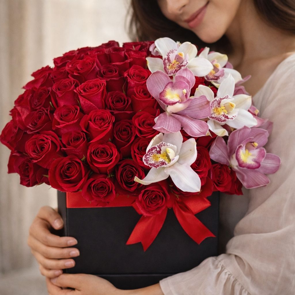 Caja premium de rosas rojas con orquídeas, arreglo floral elegante ideal para aniversario.