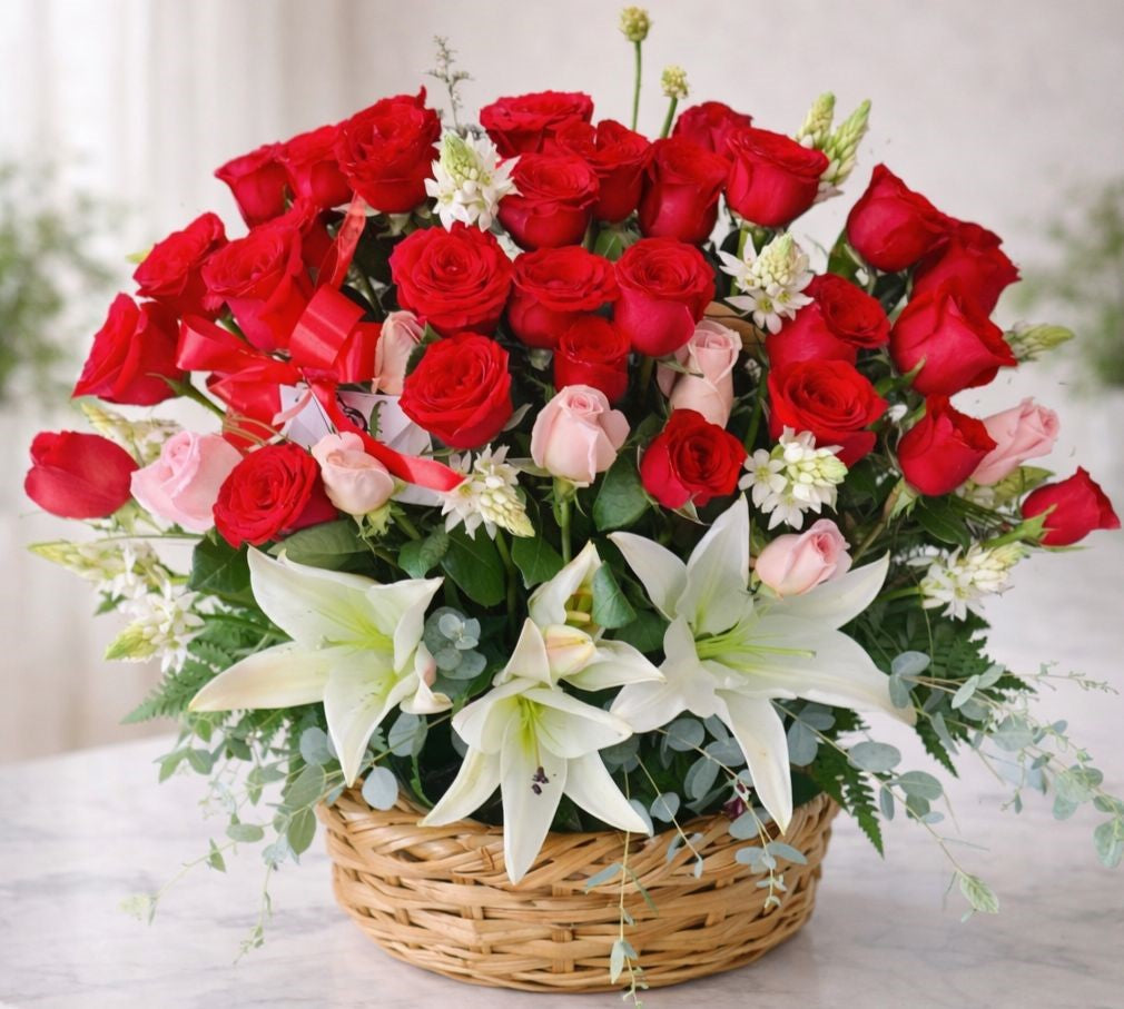 Arreglo floral en canasta con rosas rojas, rosas rosadas y lirios blancos, diseño elegante y romántico ideal para regalo especial.
