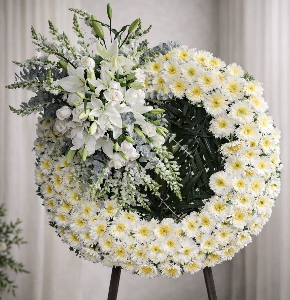 Corona funeraria blanca elegante con flores naturales, arreglo floral de condolencias que transmite paz y tranquilidad.