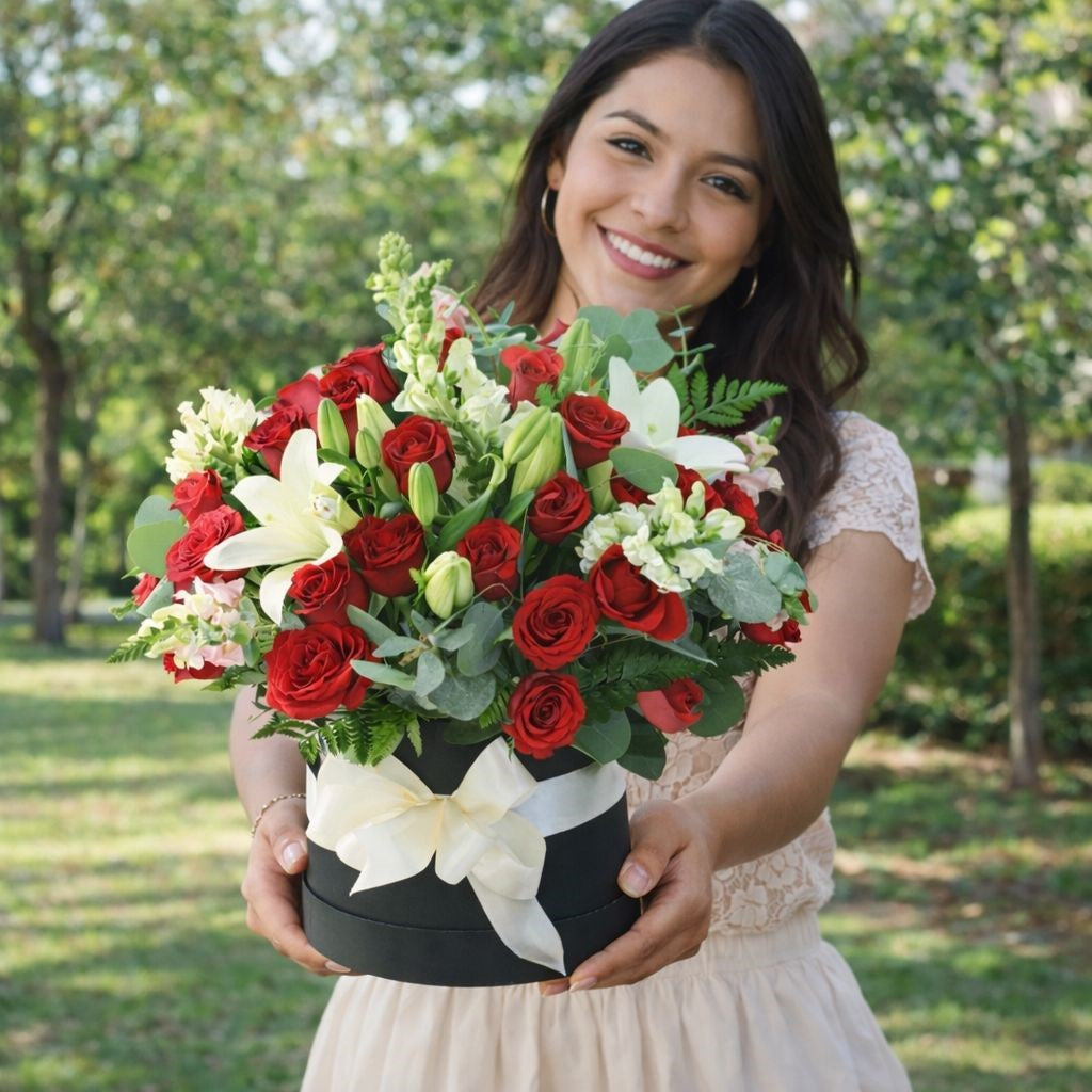 Flores a domicilio en Guadalupe con caja premium de rosas rojas y lirios