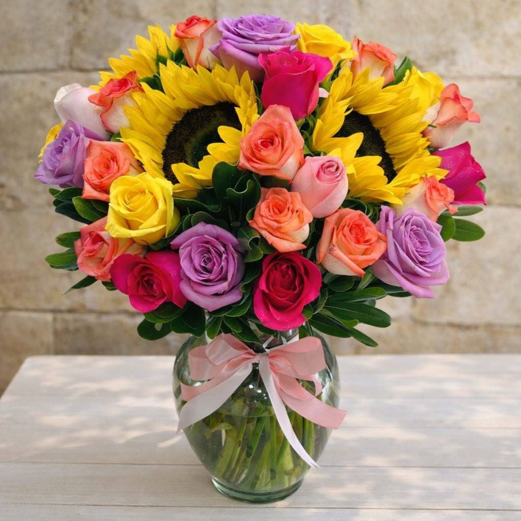 Flores a domicilio en Monterrey con girasoles y rosas premium en jarrón.