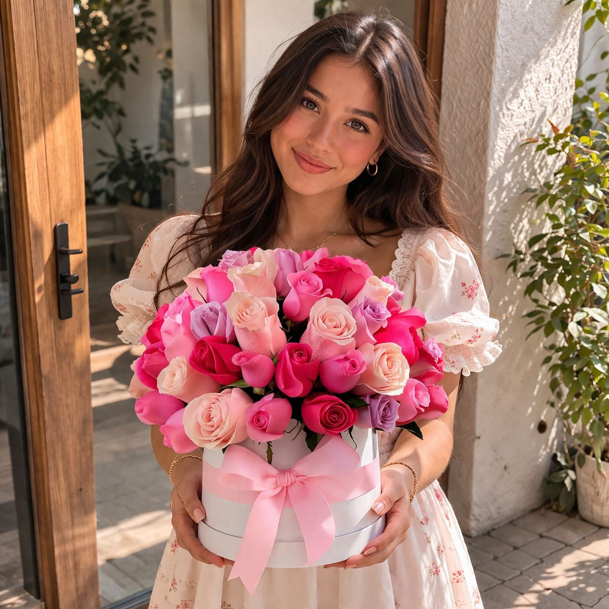 Flores a domicilio en San Nicolás con caja premium de rosas rosadas