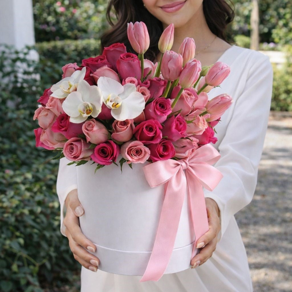 Flores a domicilio en San Pedro con caja premium de rosas, tulipanes y orquídeas Pink Rose.
