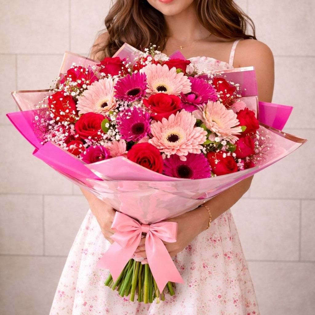 Flores a domicilio en Santa Catarina con ramo premium de rosas y gerberas Pink Rose.