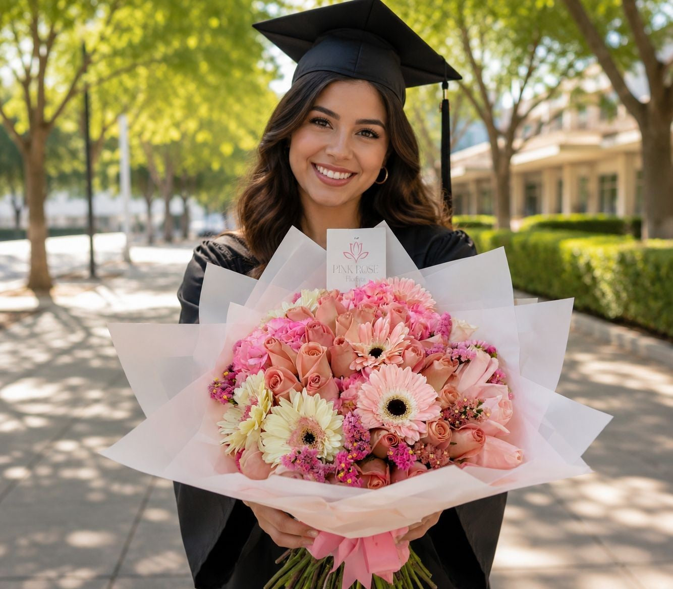 Graduada sosteniendo ramo de rosas rosas premium para graduación con entrega a domicilio en Monterrey por Pink Rose Florería