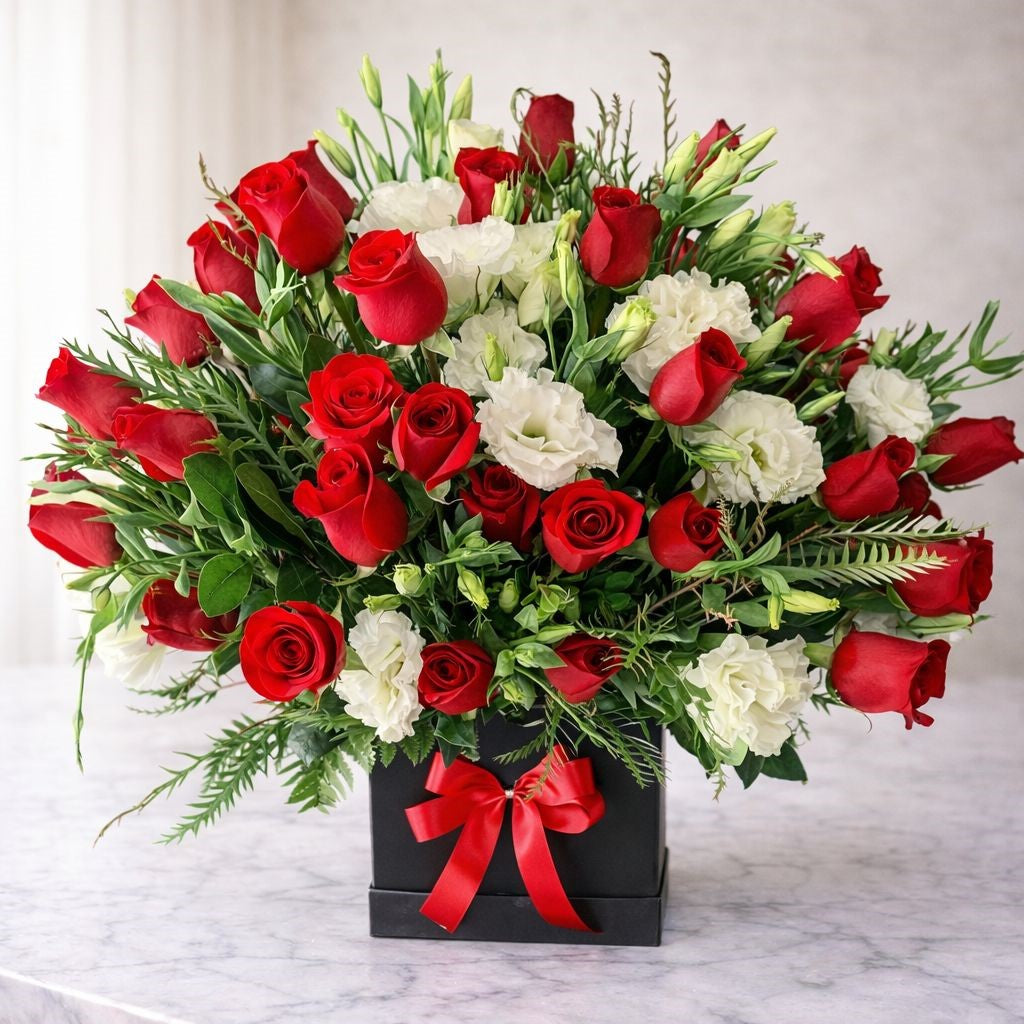Arreglo floral premium con rosas rojas y flores blancas en base elegante negra, disponible con flores a domicilio en Monterrey con entrega el mismo día,