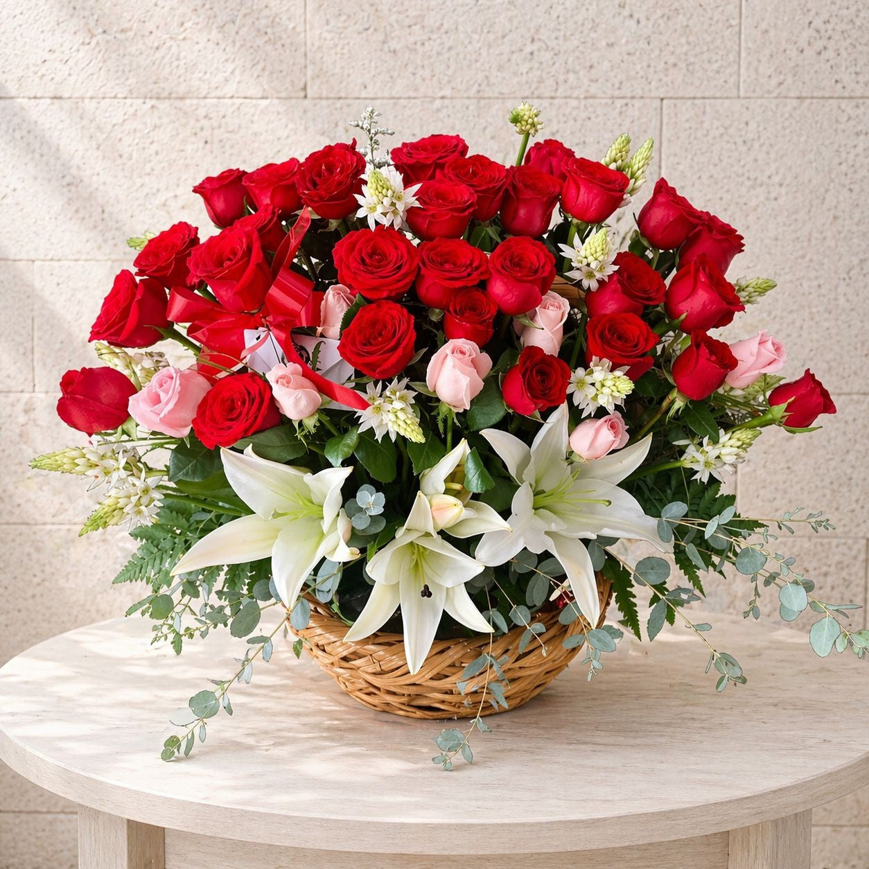 Elegante arreglo de rosas rojas y lirios blancos en canasta premium perfecto para sorprender hoy con flores a domicilio en Monterrey | Pink Rose 
