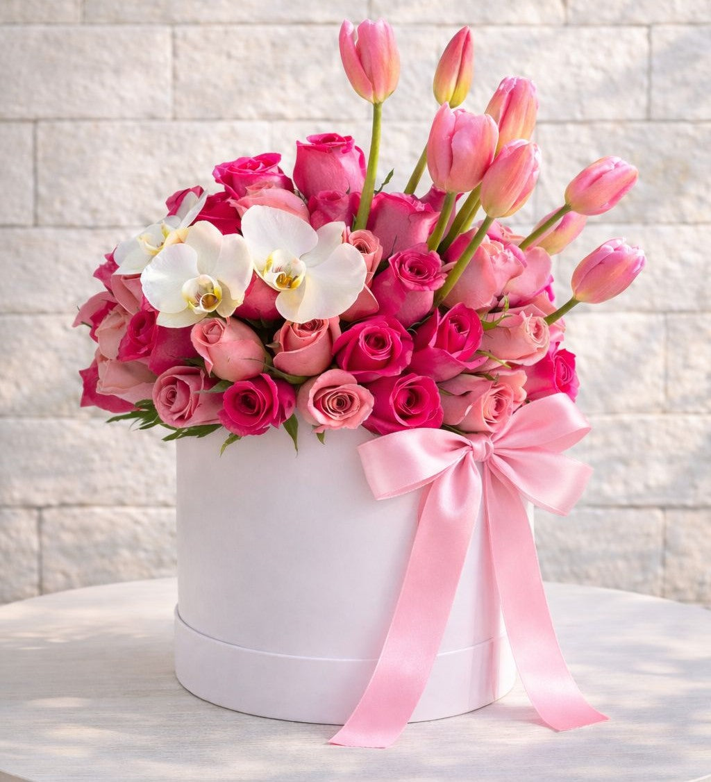 Caja floral premium con rosas, tulipanes y orquídea blanca perfecta para sorprender con un regalo delicado y elegante a domicilio en Monterrey | Pink Rose