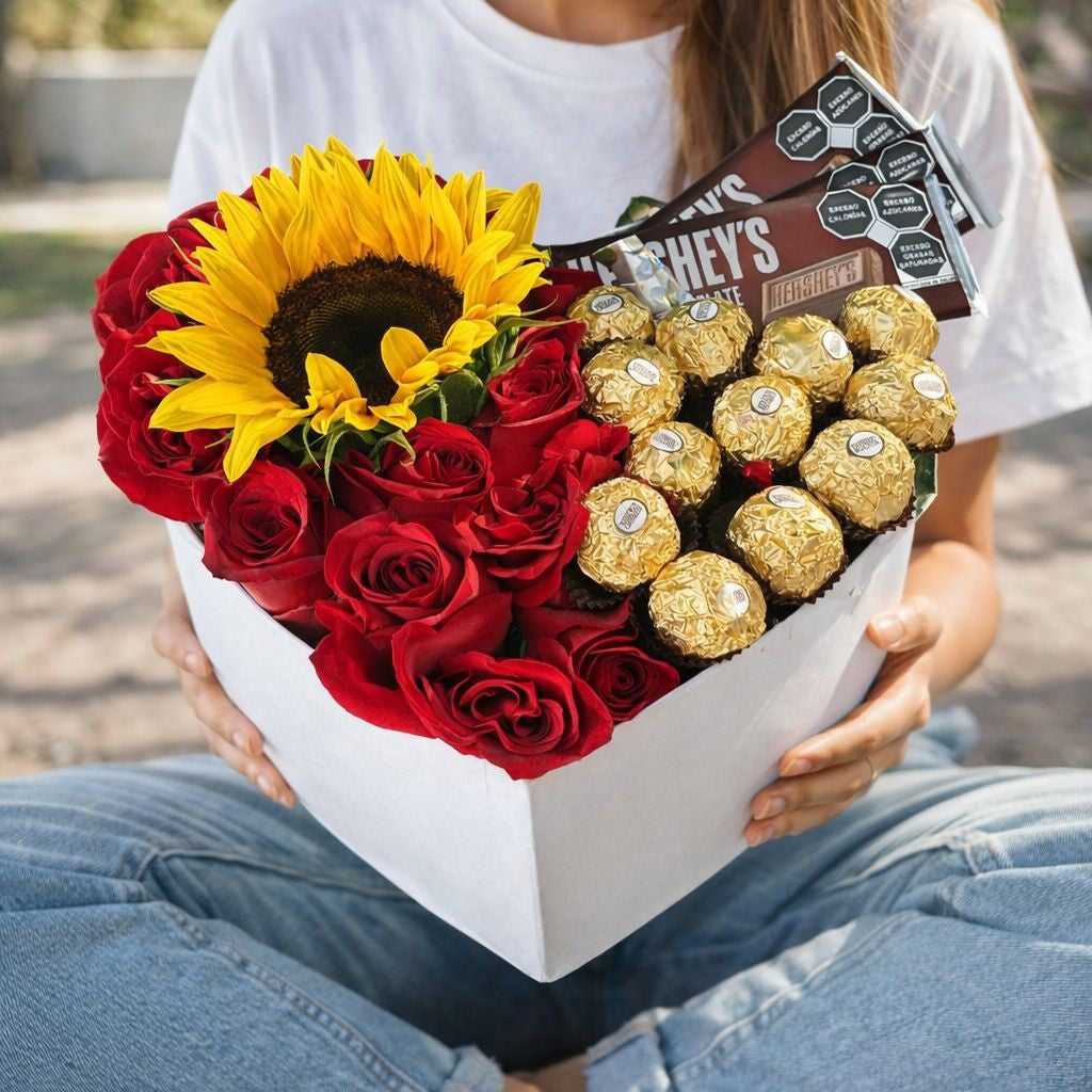 Arreglo de girasol, rosas rojas y chocolates Ferrero Rocher en caja de regalo con entrega de flores a domicilio en Monterrey.
