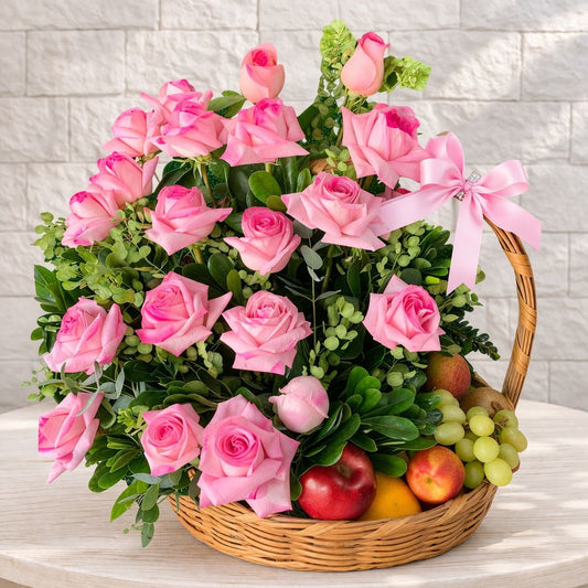 Hermosa canasta de rosas rosa con frutas frescas perfecta para sorprender con un regalo elegante a domicilio en Monterre | Pink Rose 