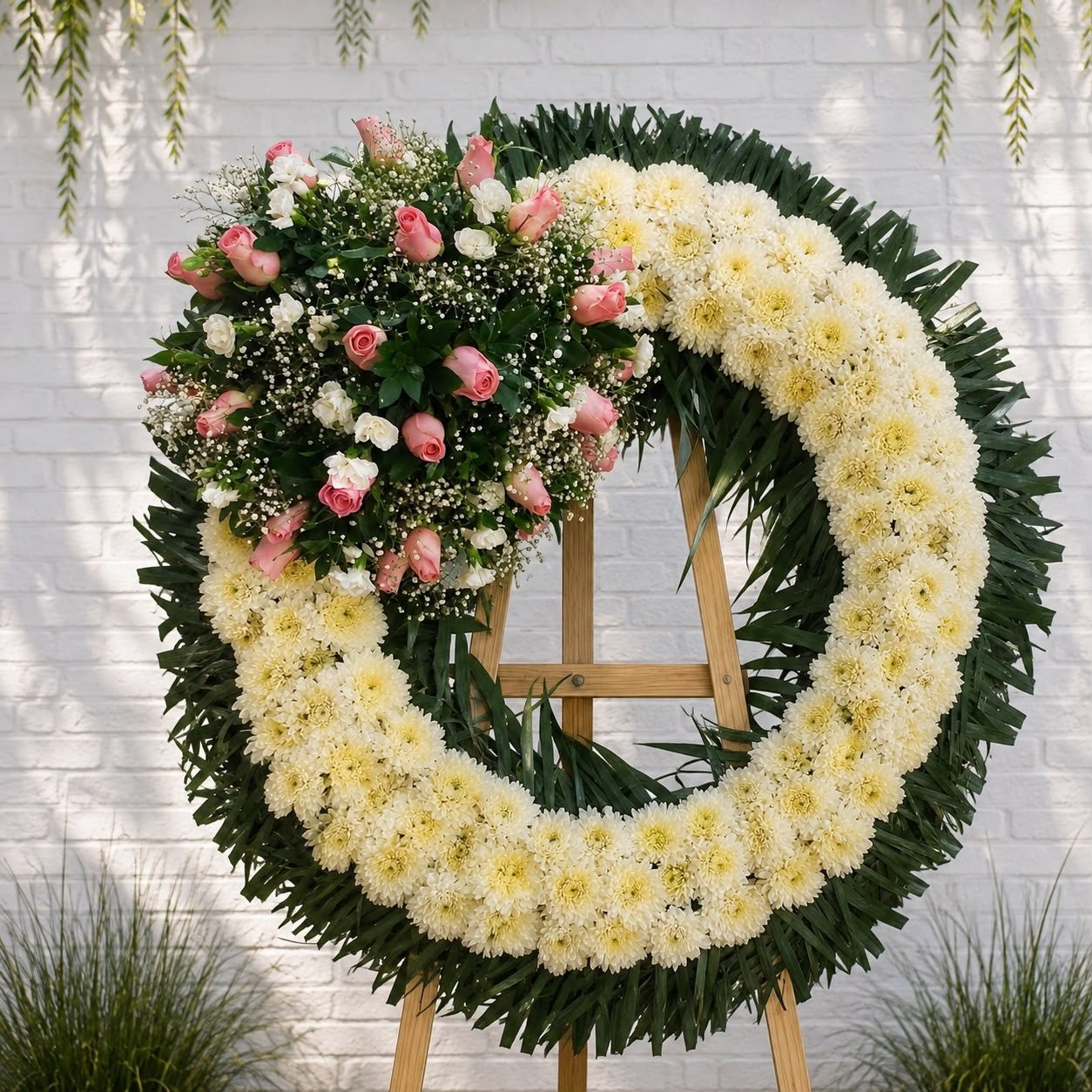 Corona de condolencias con rosas rosas y flores blancas, entrega a domicilio en Monterrey.
