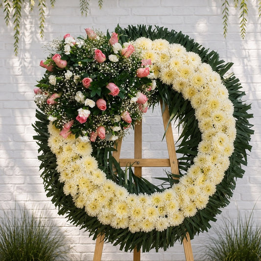 Corona de condolencias con rosas rosas y flores blancas, entrega a domicilio en Monterrey.