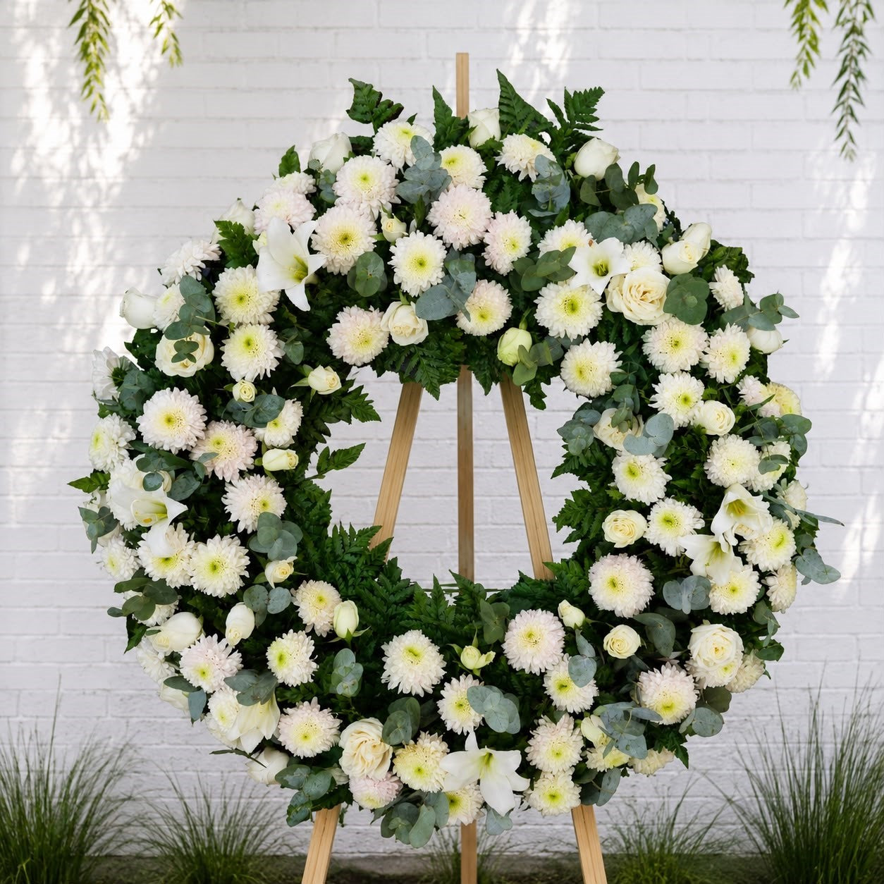 Corona de condolencias con flores blancas para funeral, disponible en Monterrey.
