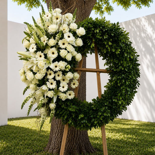 Corona funeraria premium de flores blancas y follaje verde para condolencias, con envío en Monterrey y área metropolitana | Pink Rose Florería