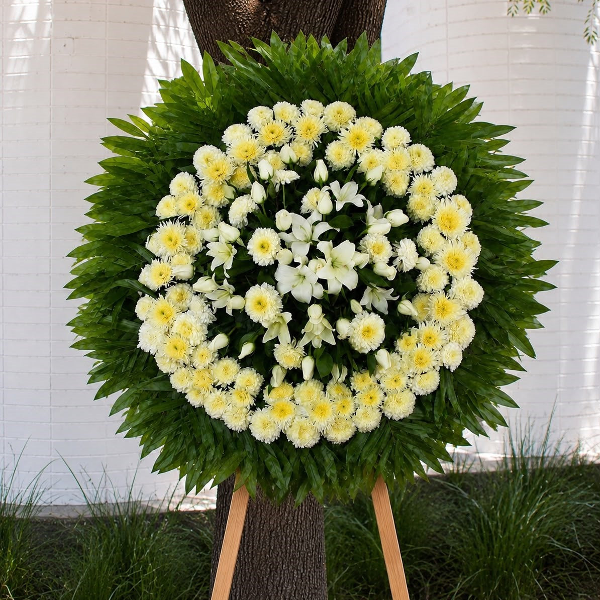 Corona fúnebre de flores blancas con lirios y crisantemos para expresar condolencias, con entrega a domicilio en Monterrey y área metropolitana | Pink Rose Florería