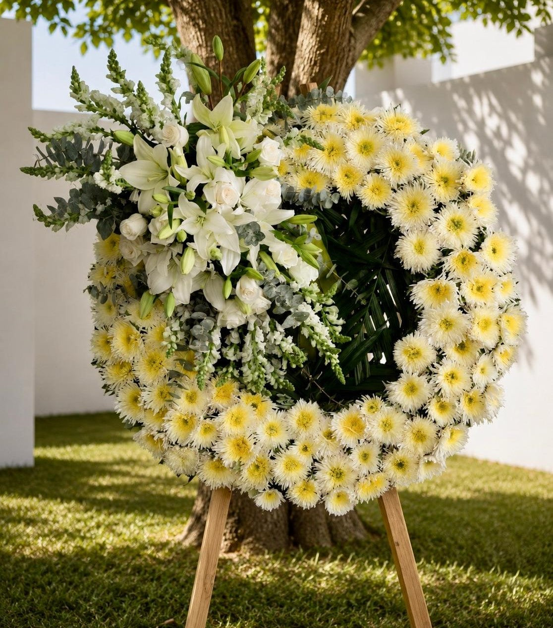 Corona fúnebre con lirios, rosas y flores blancas para condolencias, con entrega a domicilio en Monterrey y área metropolitana | Pink Rose Florería