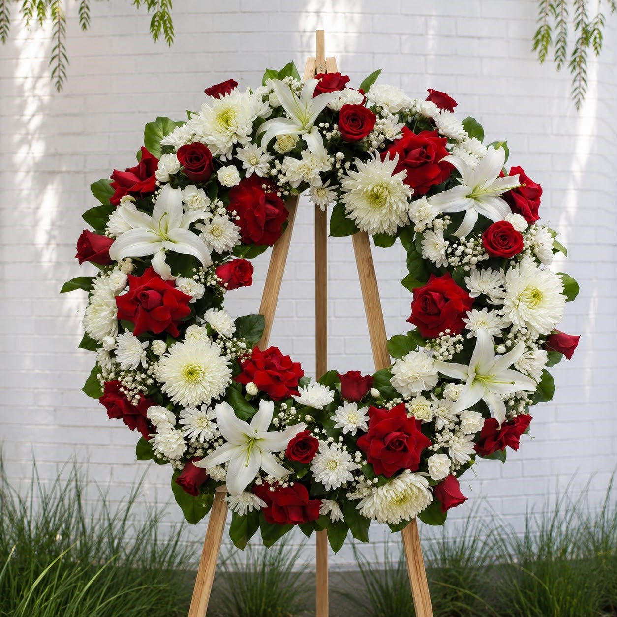 Corona fúnebre con rosas rojas, lirios blancos y crisantemos para expresar condolencias, con entrega a domicilio en Monterrey y área metropolitana | Pink Rose Florería