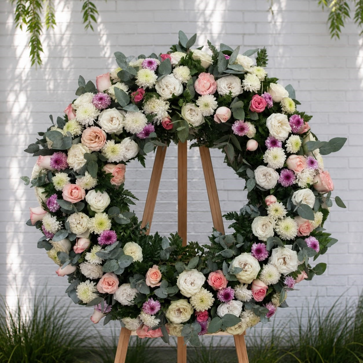 Corona fúnebre con rosas rosas, blancas y durazno, flores lilas y eucalipto para expresar condolencias, con entrega a domicilio en Monterrey | Pink Rose Florería