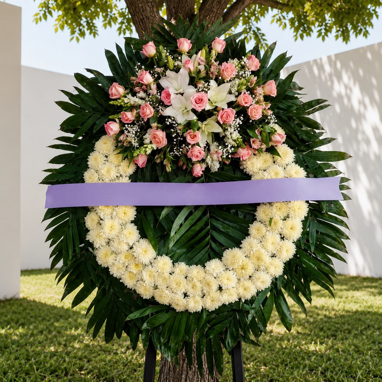 Corona fúnebre con rosas rosas, lirios blancos y crisantemos para condolencias. Entrega de coronas funerarias a domicilio en Monterrey y área metropolitana | Pink Rose Florería