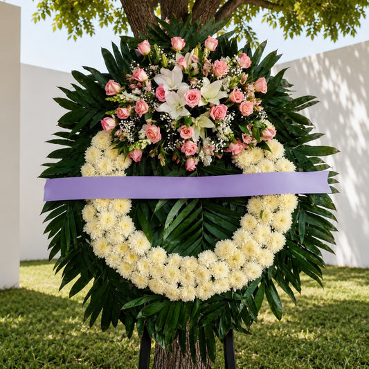 Corona fúnebre con rosas rosas, lirios blancos y crisantemos para condolencias. Entrega de coronas funerarias a domicilio en Monterrey y área metropolitana | Pink Rose Florería
