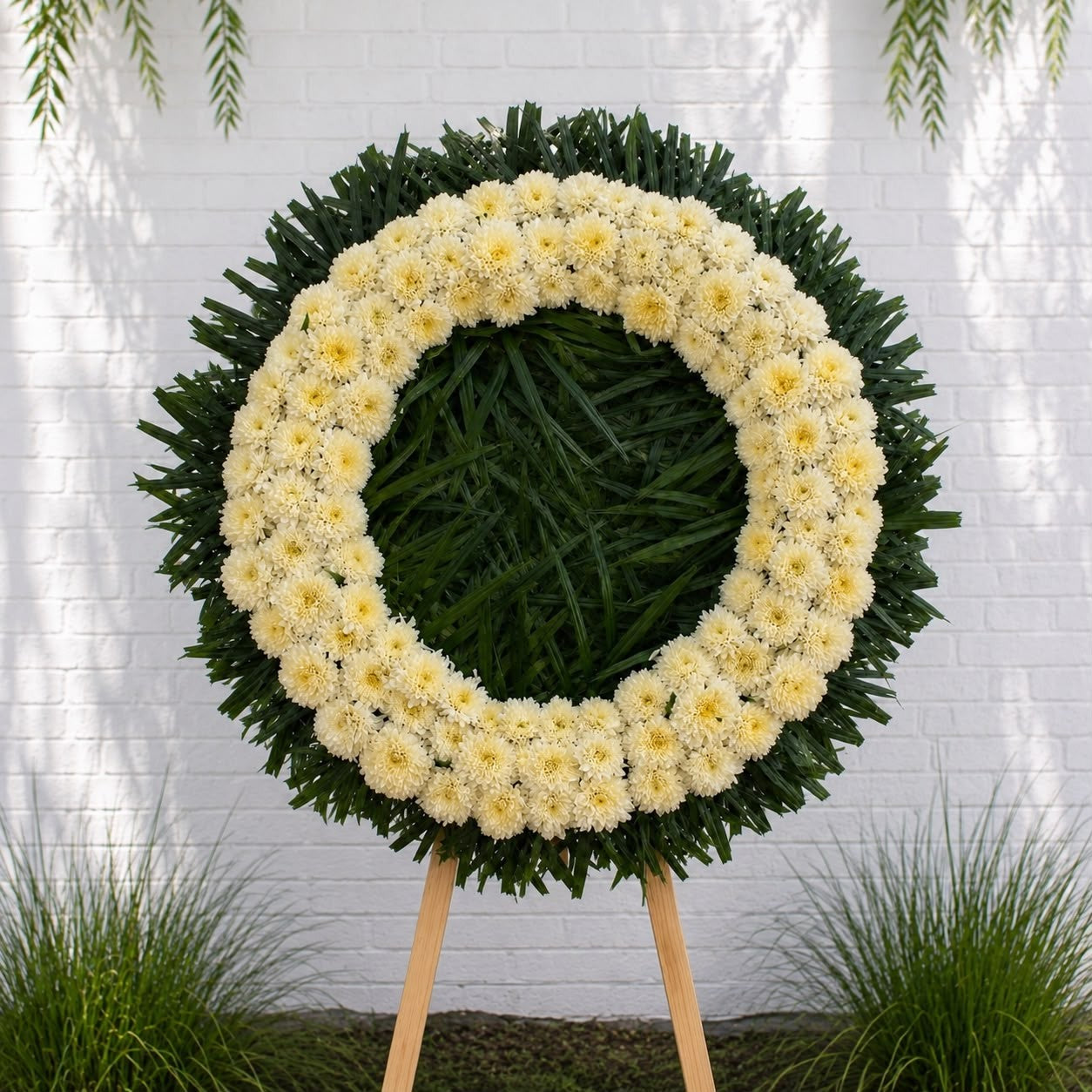 Corona de flores blancas para funeral y condolencias, entrega en Monterrey.