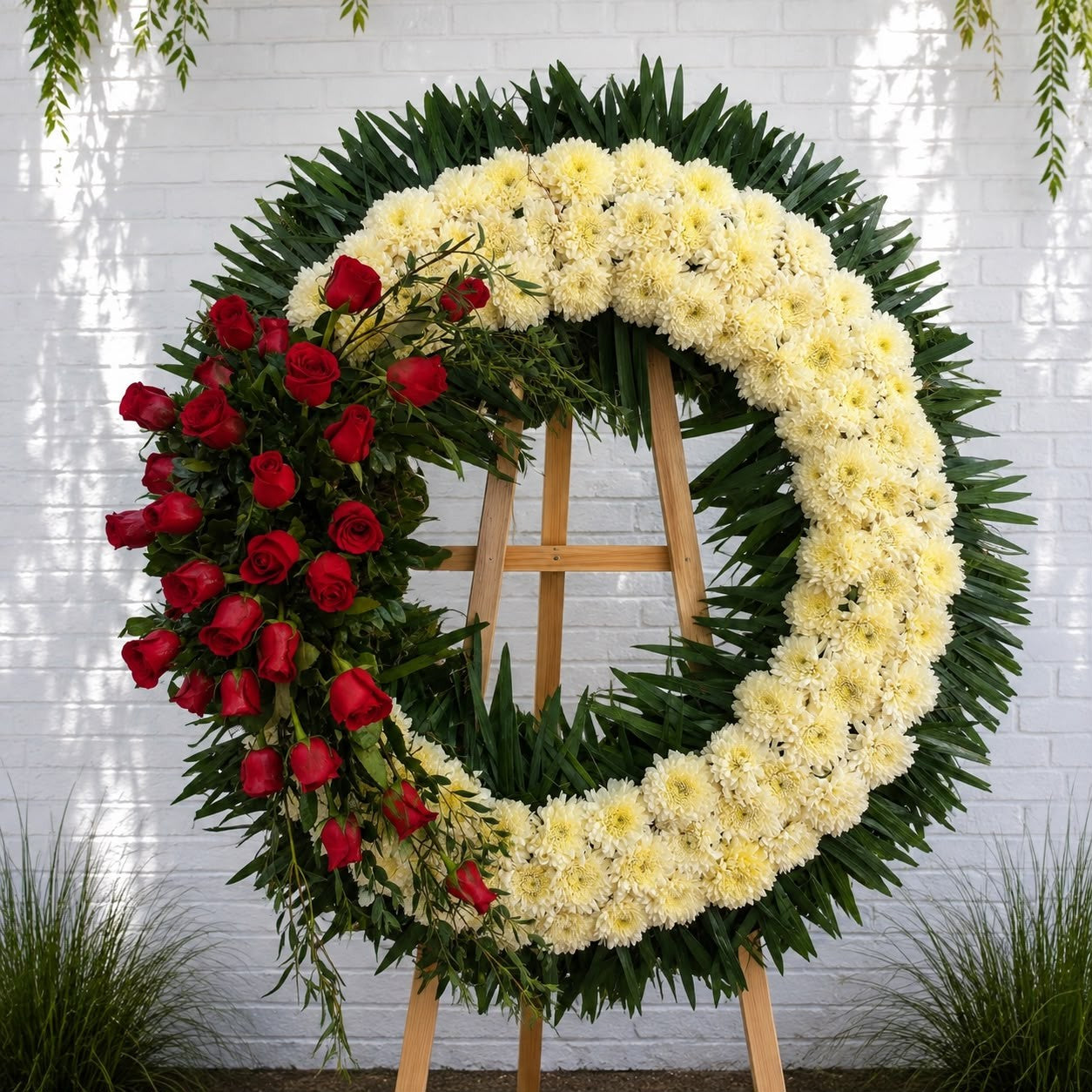 Corona de condolencias con rosas rojas y flores blancas, entrega a domicilio en Monterrey.