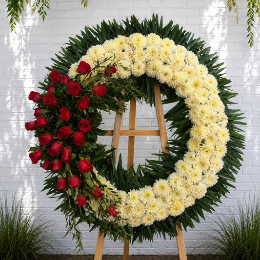 Corona de condolencias con rosas rojas y flores blancas, entrega a domicilio en Monterrey.