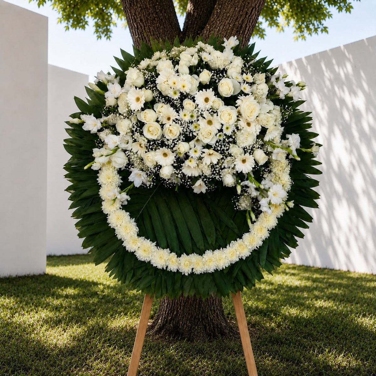 Corona funeraria de flores blancas con rosas, gerberas y follaje verde para condolencias, con entrega a domicilio en Monterrey | Pink Rose Florería