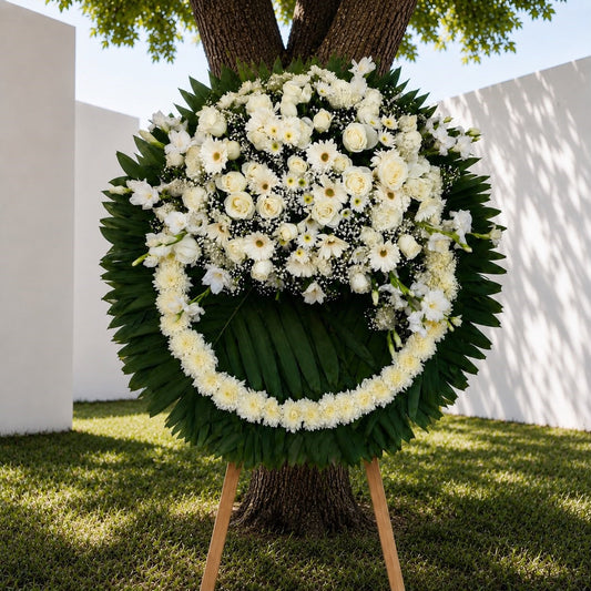 Corona funeraria de flores blancas con rosas, gerberas y follaje verde para condolencias, con entrega a domicilio en Monterrey | Pink Rose Florería