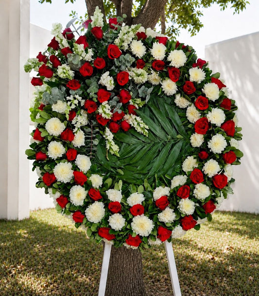Corona fúnebre de rosas rojas y flores blancas para condolencias con entrega a domicilio en Monterrey | Pínk Rose Florería