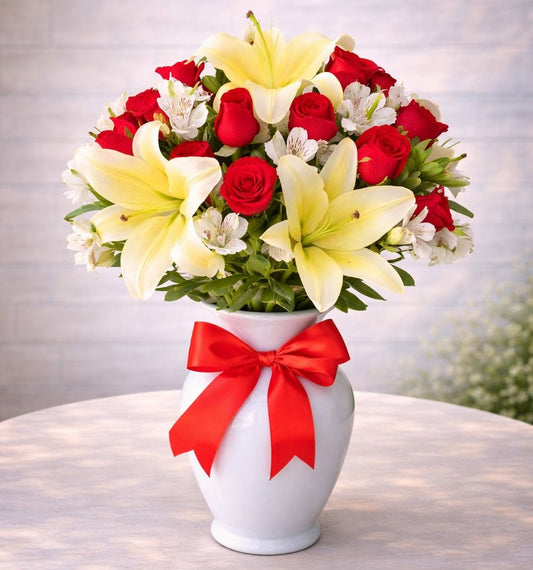 Arreglo premium con lirios blancos y rosas rojas en florero, perfecto para sorprender hoy con envío de flores a domicilio en Monterrey | Pink Rose