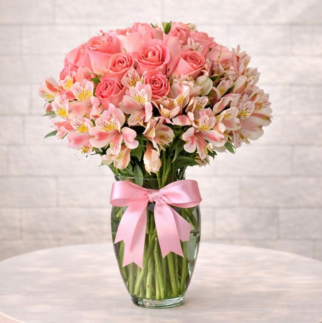 Florero con rosas color rosa y alstroemerias en arreglo elegante ideal para regalo con envío de flores a domicilio en Monterrey | Pink Rose