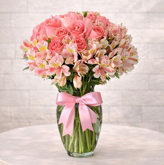 Florero con rosas color rosa y alstroemerias en arreglo elegante ideal para regalo con envío de flores a domicilio en Monterrey | Pink Rose
