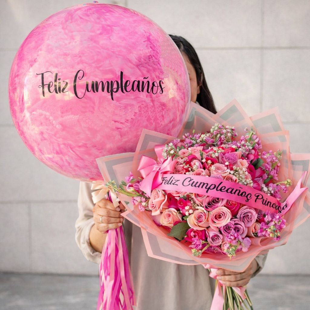 Hermoso ramo de flores rosas con globo personalizado de cumpleaños, perfecto para sorprender hoy con entrega a domicilio en Monterrey | Pink Rose