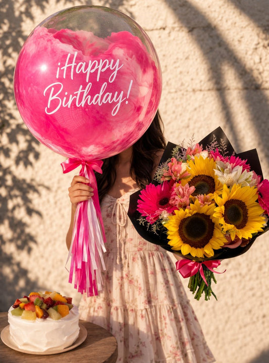 Arreglo floral de cumpleaños con globo personalizado rosa y pastel para envío de flores a domicilio en Monterrey. 