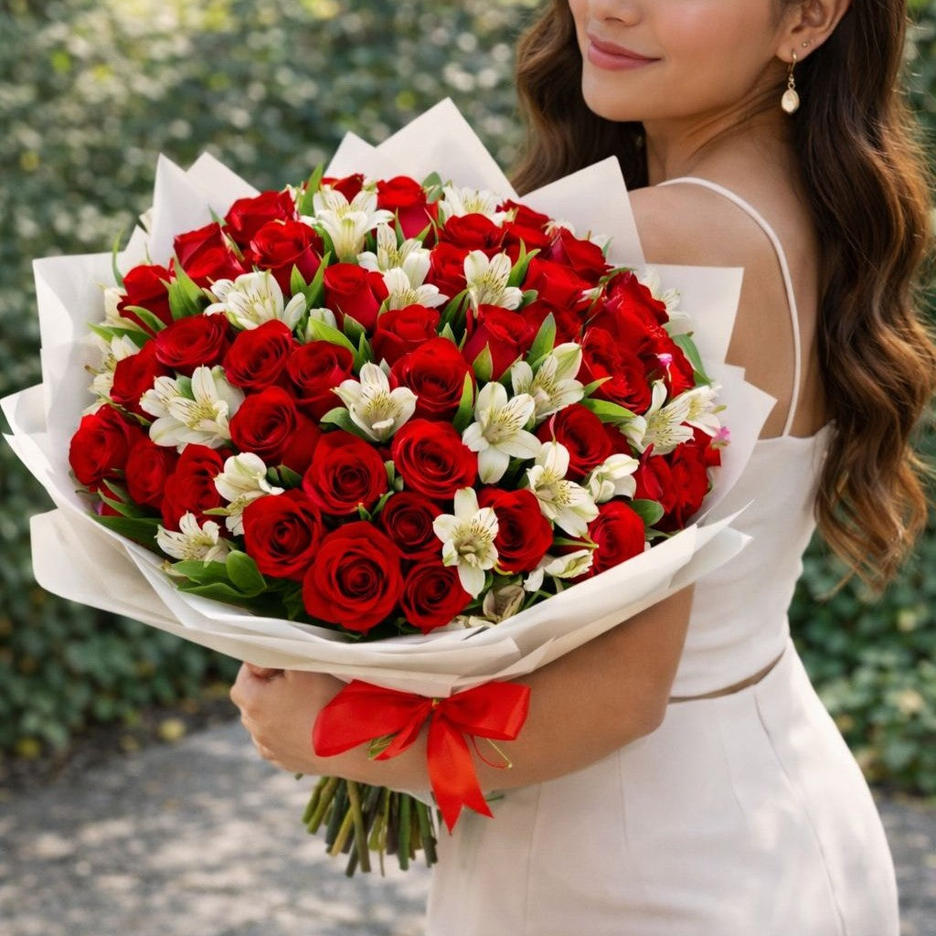 Ramo premium de rosas rojas y alstroemerias blancas con envoltura blanca Pink Rose Monterrey