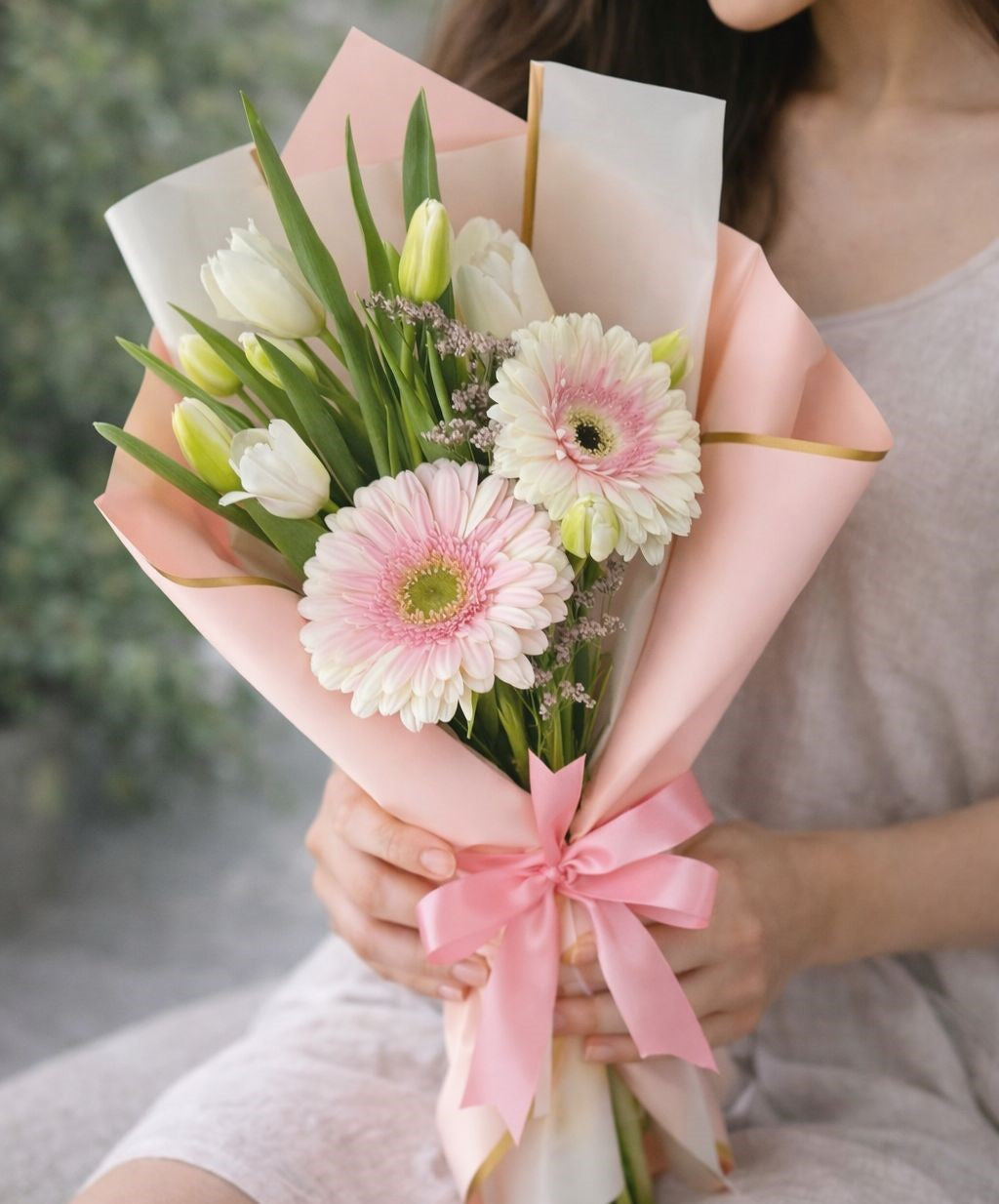 Ramo elegante con gerberas blancas, tulipanes y envoltura rosa pastel, ideal para regalo romántico y disponible con flores a domicilio en Monterrey con entrega el mismo día.