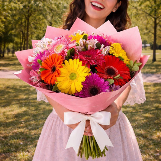 Ramo de gerberas de colores vibrantes envuelto en papel rosa con moño blanco, ideal para regalo alegre con envío de flores a domicilio en Monterrey.