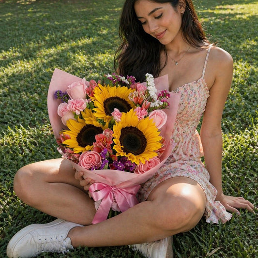 Hermoso ramo de girasoles y rosas rosa pastel perfecto para alegrar el día con flores a domicilio en Monterrey | Pink Rose