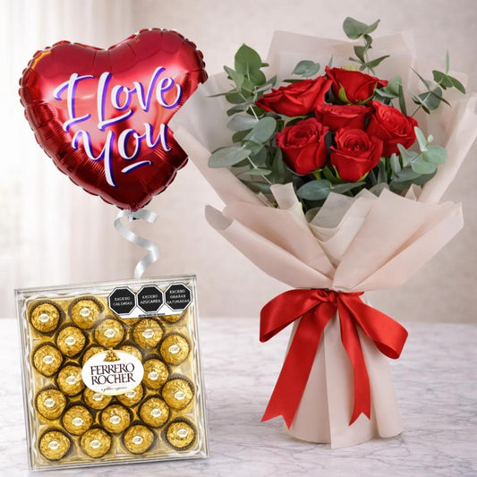Ramo de rosas rojas con caja de chocolates Ferrero Rocher y globo I Love You, disponible con envío de flores a domicilio en Monterrey para ocasiones románticas.