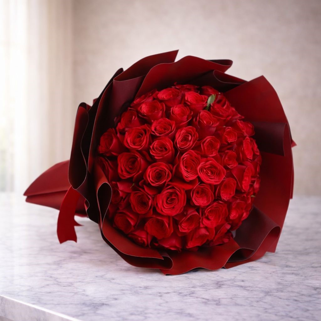 Ramo redondo de rosas rojas premium envuelto en papel elegante rojo, disponible con envío de flores a domicilio en Monterrey.