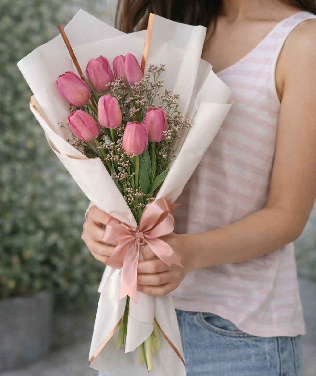 Ramo de tulipanes rosas envuelto en papel elegante con lazo satín, disponible con flores a domicilio en Monterrey con entrega el mismo día para regalo especial.