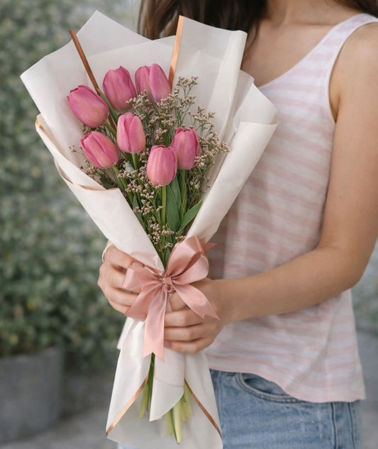 Ramo de tulipanes rosas envuelto en papel elegante con lazo satín, disponible con flores a domicilio en Monterrey con entrega el mismo día para regalo especial.