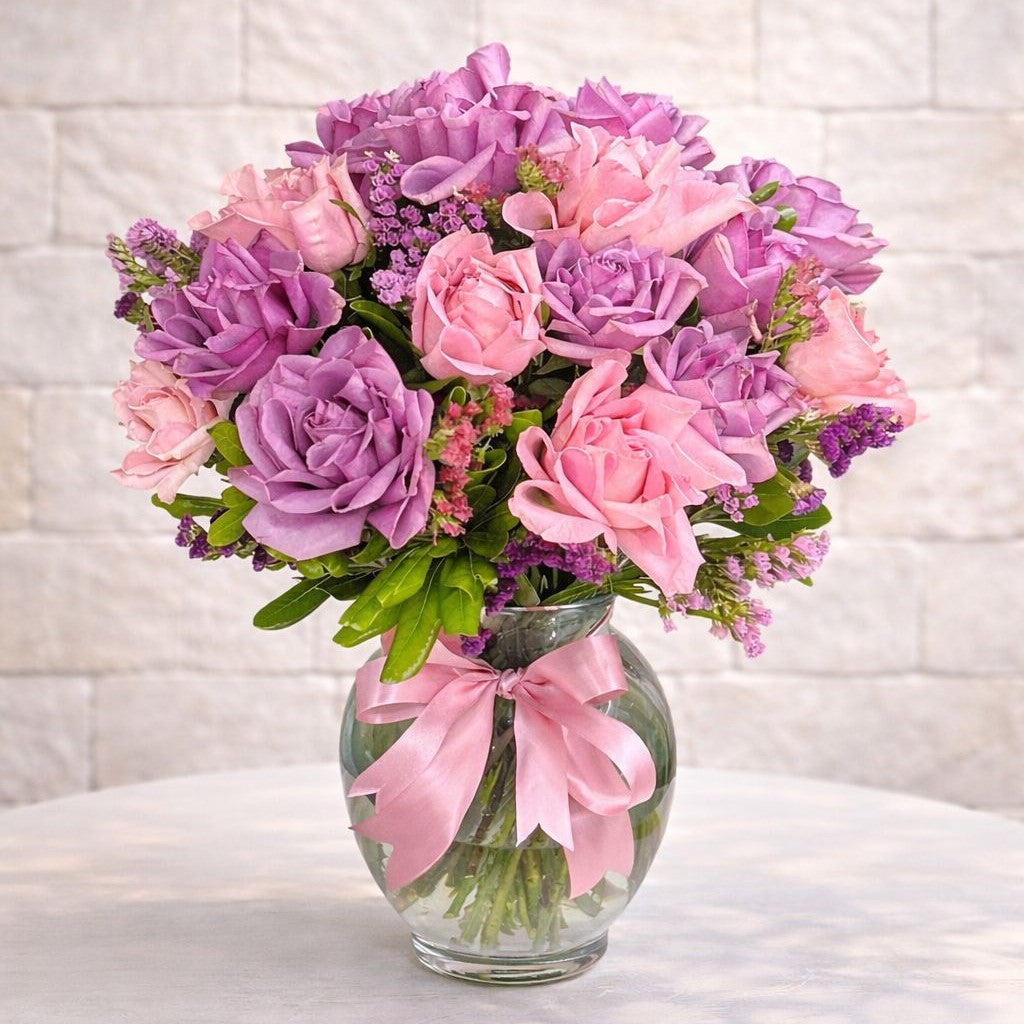 Arreglo de rosas lilas y rosas en florero de cristal con diseño elegante, ideal para regalo romántico, cumpleaños o flores para mamá con flores a domicilio en Monterrey | Pink Rose